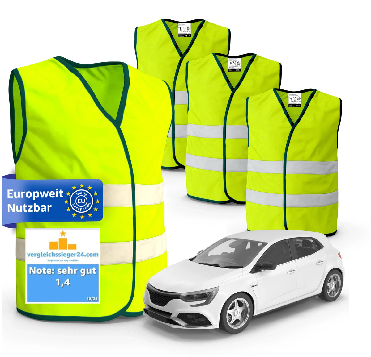 4x Warnwesten 2026 Auto gelb - Warnweste Pannenweste Unfallweste ISO20471 Safeglow®