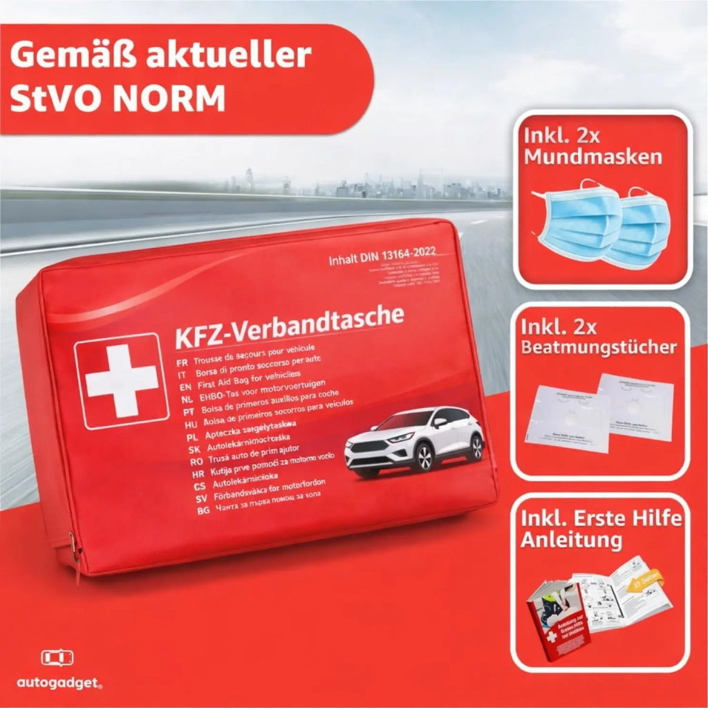 Verbandstasche KFZ Norm 2026 mit Beatmungstücher - Verbandskasten Auto - DIN13164:2022 - Erste Hilfe Set - Verbandskasten StVO konform (Rot) Safeglow®