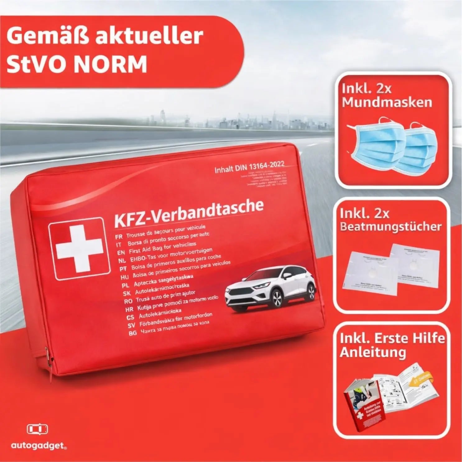 Verbandstasche KFZ Norm 2026 mit Beatmungstücher - Verbandskasten Auto - DIN13164:2022 - Erste Hilfe Set - Verbandskasten StVO konform (Rot) Safeglow®