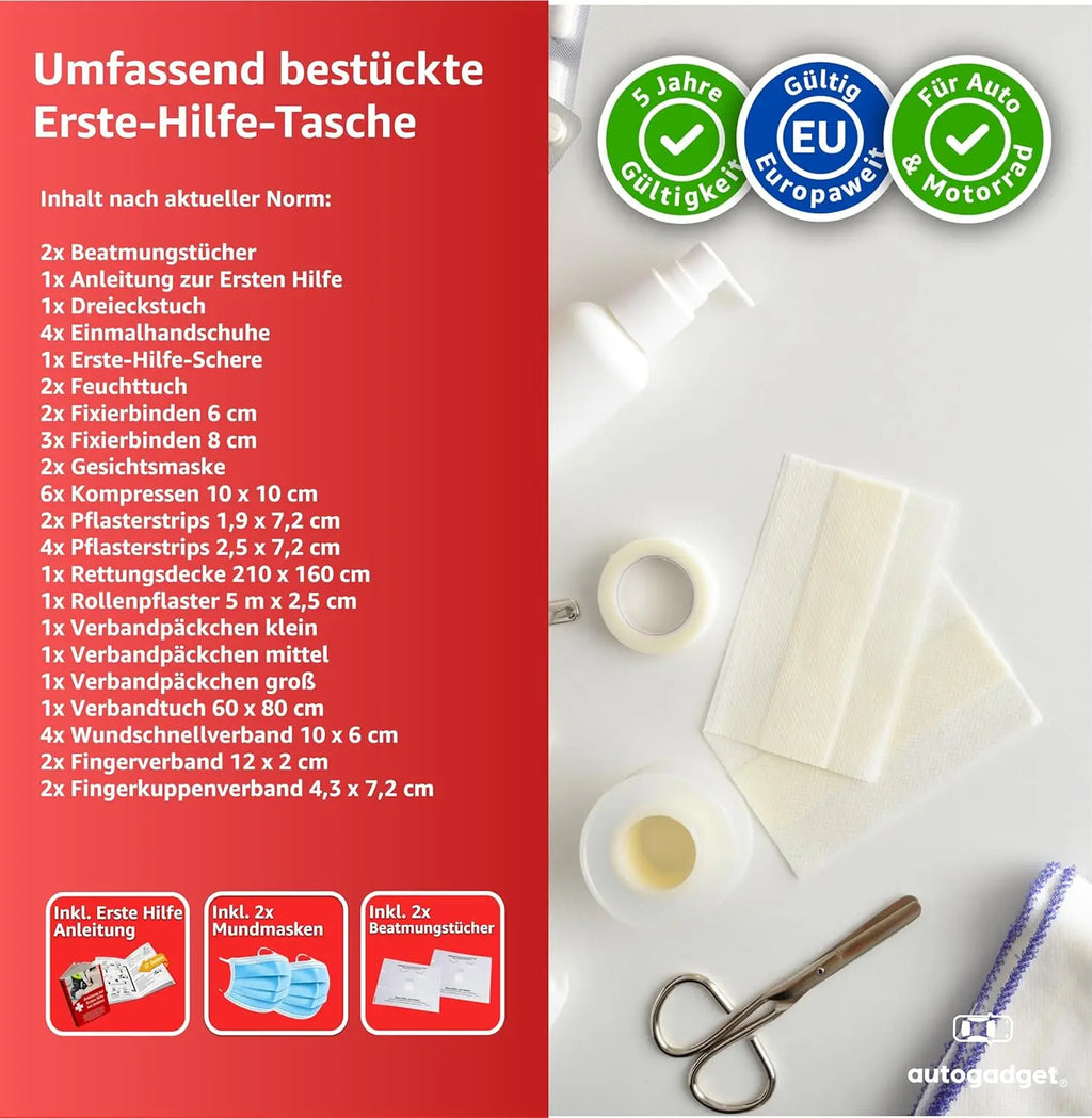 Verbandstasche KFZ Norm 2026 mit Beatmungstücher - Verbandskasten Auto - DIN13164:2022 - Erste Hilfe Set - Verbandskasten StVO konform (Rot) Safeglow®